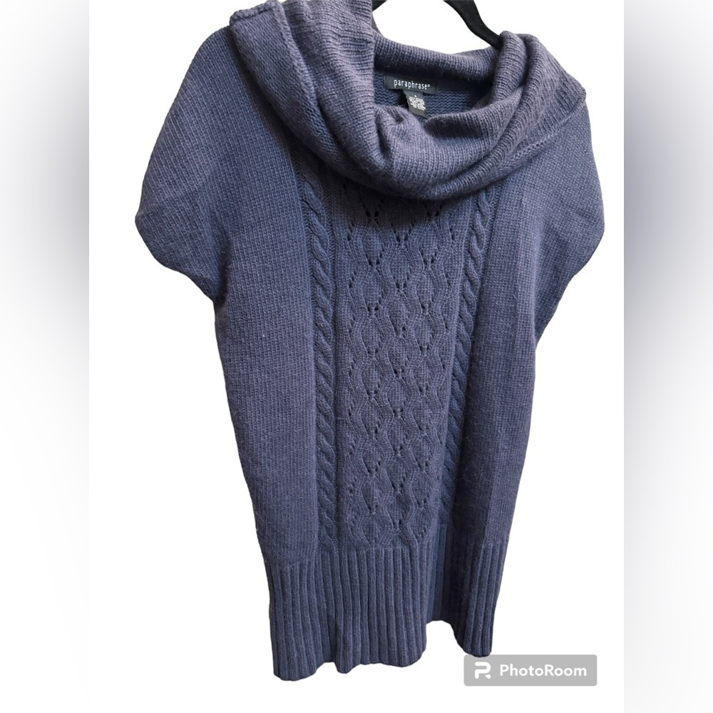 ANGORA PARAPHRASE Rabbit Wool Blue Cowl Neck Short sleeve Sweater Holiday SM EUC
